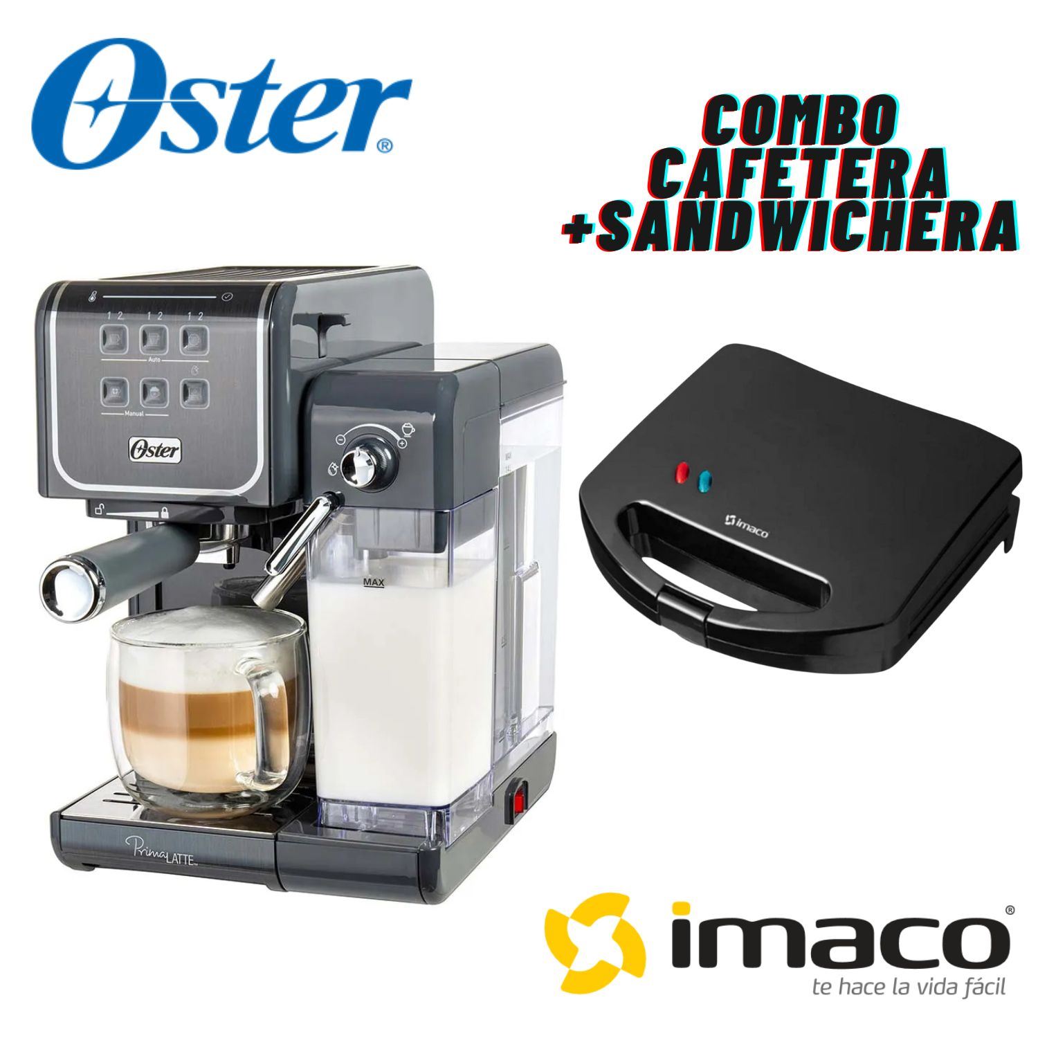 Combo Cafetera Oster PrimaLatte BVSTEM6801M + Sandwichera Imaco Ist 101N Negro